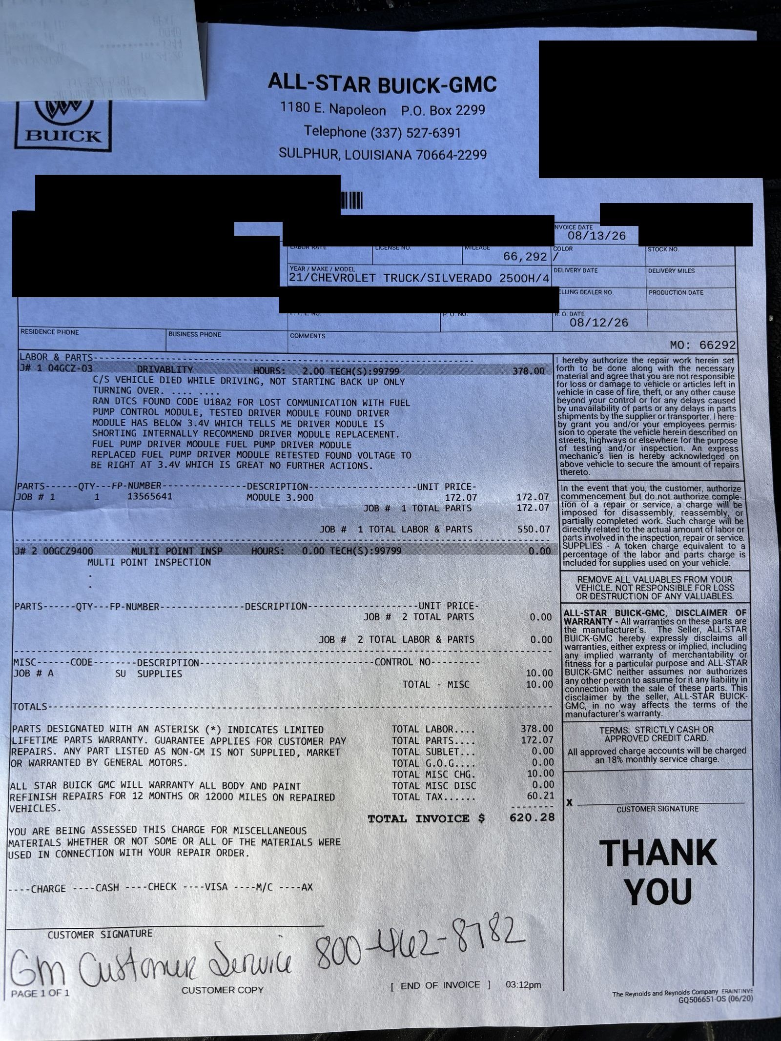 Redacted dealer invoice for 2021 Silverado 2500HD fuel pump driver module replacement at 66,292 miles, total $620.28